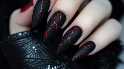 Dark, edgy, cracked nail art on long pointed nails