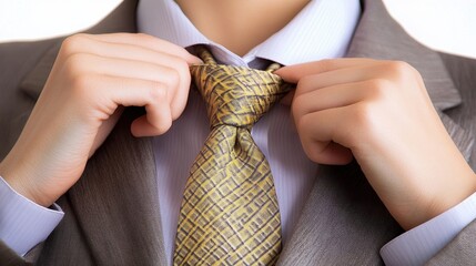 Person Adjusting Their Yellow Tie Before A Business Meeting