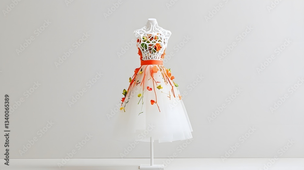 Poster a visually striking fashion design that merges innovative 3d printed components with delicate organi
