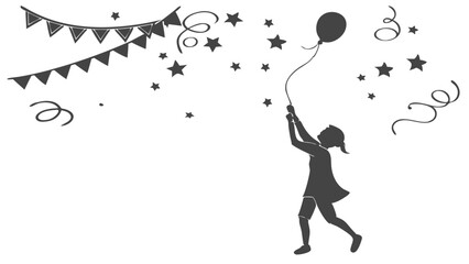 Silhouette of Girl with Balloon and Party Decorations on Transparent Background