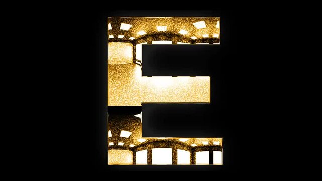 E alphabet text design with golden glitters glow light animation video