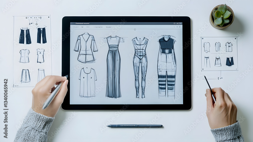 Aufkleber a fashion designer using a digital tablet to sketch and conceptualize innovative futuristic clothing