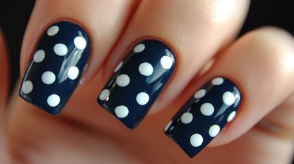 Close-up navy nails with white polka dots