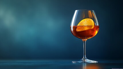 Single glass of vermouth with orange slice on moody blue background with text space. Rich, aromatic aperitif with citrus notes. Refined drink ideal for cocktails and stylish presentations