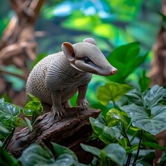Obraz premium Small armadillo curiously posed on a branch in a lush green natural habitat surrounded by vibrant vegetation