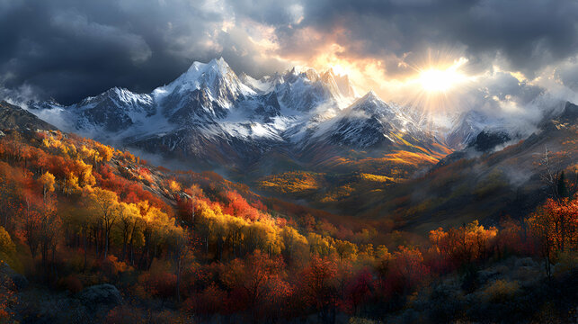 A dramatic mountain range covered in autumnal forests, with rays of sunlight piercing through the clouds