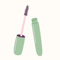 Mascara tube and a wand applicator. Cartoon vector illustration