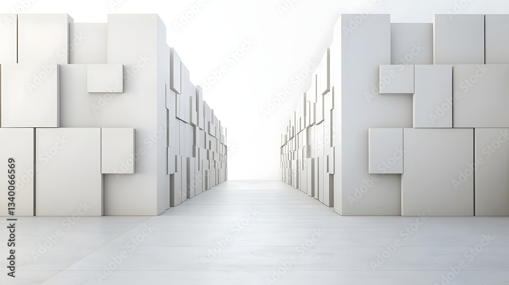 Poster Abstract minimalist composition of uniform white blocks and walls creating a geometric architectural corridor with a receding perspective