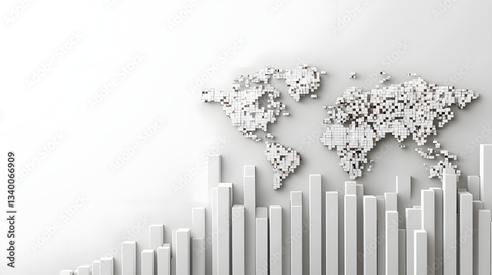Poster Abstract visualization depicting the fragmentation and disruption of global trade and economic networks symbolized by the crumbling of traditional tariff barriers and borders