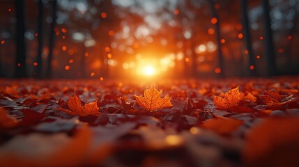 Autumnal forest floor ablaze with sunset light