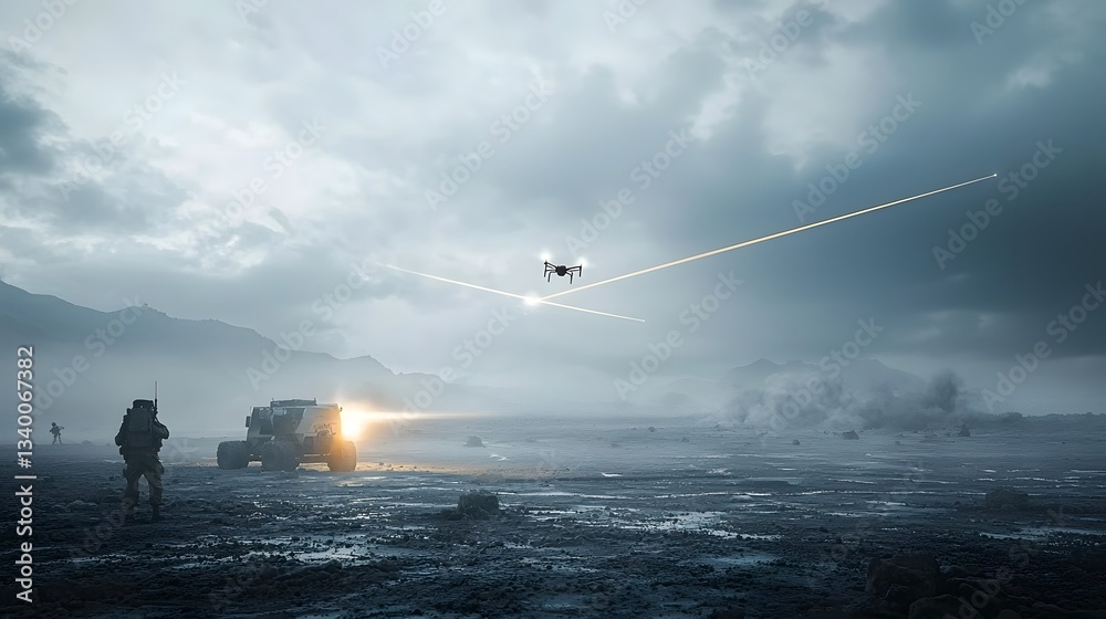Poster advanced radar technology monitoring the skies for potential drone threats in a challenging stormy c