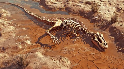 Fossilized dinosaur skeleton in a dried up riverbed remnants of a lost world
