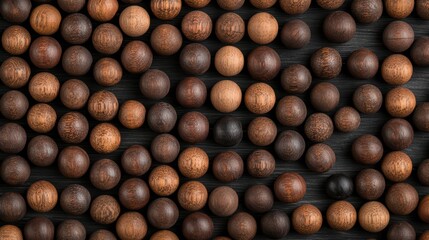 Assorted wooden eggs arranged on a dark surface