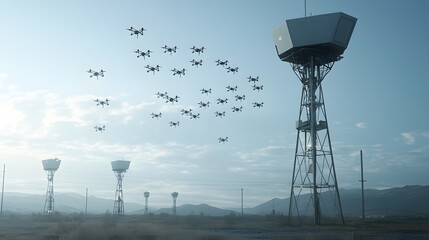 Advanced radar system located in a remote industrial setting designed to track and monitor a swarm of unmanned aerial vehicles in a potential military scenario