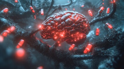 Glowing Brain Surrounded By Red Capsules