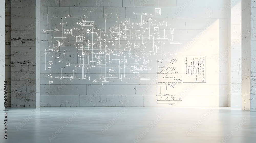 Aufkleber An abstract and conceptual image depicting a sense of lost or forgotten scientific knowledge represented by faint ghostly equations and diagrams floating in an empty industrial style interior space