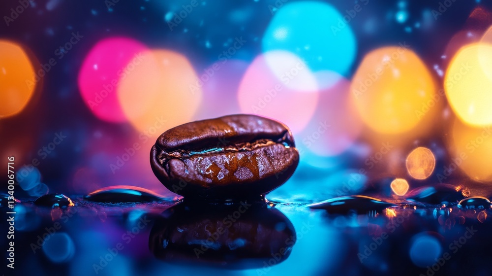 Poster close-up of coffee bean on wet surface with colorful bokeh lights, evening ambiance