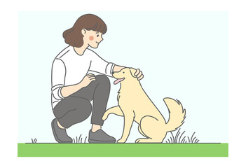 犬, ペット, 動物, ゴールデンレトリバー, 女性, なでる, ふれあい, 癒し, リラックス, 屋外, 公園, 散歩, 犬のしつけ, 愛犬, ペットライフ, 家族, 友情, 信頼, コミュニケーション, 動物愛護, 自然, 幸せ, 優しさ, 仲良し, 触れ合い, 表情, かわいい, シンプル, 清潔感, イラスト