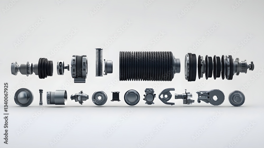 Aufkleber an abstract arrangement of futuristic carbon fiber mechanical components on a plain white background