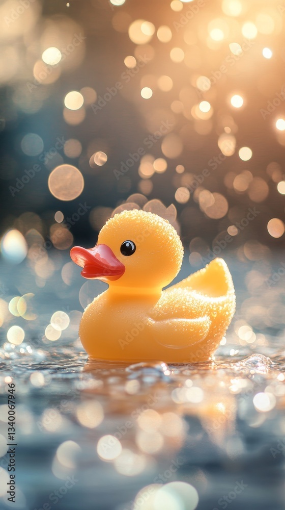 Aufkleber yellow rubber duck with water drops and bokeh lights in evening light