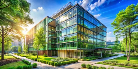 Obraz premium Eco-Friendly Glass Office Building in Lush City Green Space