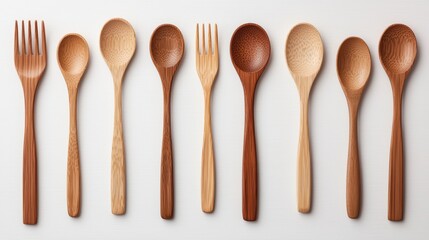 Assorted wooden utensils arranged in a stylish line