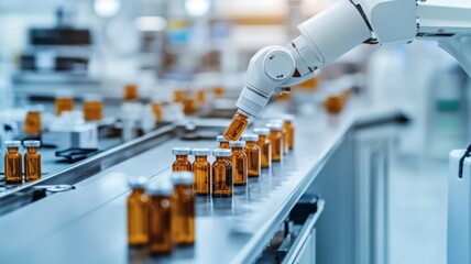 Robotic Arm Handling Pharmaceutical Vials on Conveyor Belt