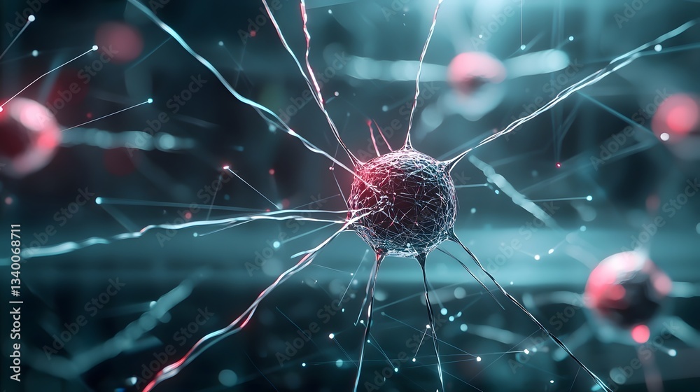 Poster an abstract futuristic visualization depicting the concept of quantum entanglement where particles a