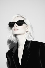 Stylish blonde woman looking up while wearing black sunglasses and a velvet suit.
