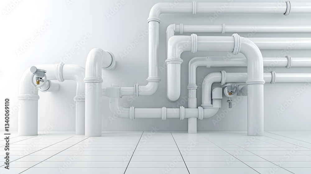 Leinwandbilder An abstract minimalist image showcasing an elaborate layout of interconnected white sewer pipes and valves conveying a sense of industrial engineering and efficient infrastructure