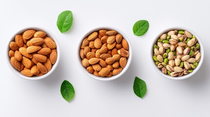 Assorted nuts in bowls with fresh mint leaves