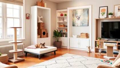Cozy Pet-Friendly Living Room Design Cat Tree, Dog Bed, & More