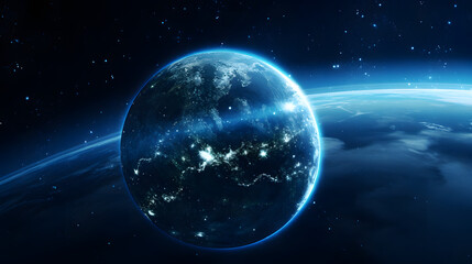 Fototapeta premium A beautiful planet suspended in space surrounded by stars and cosmic elements in an awe-inspiring display of celestial wonder and mystery.