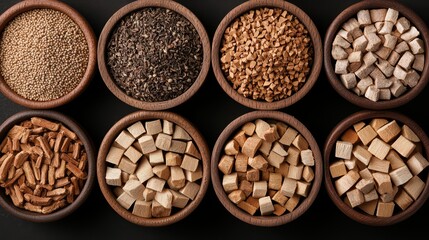 Assorted spices and herbs in wooden bowls