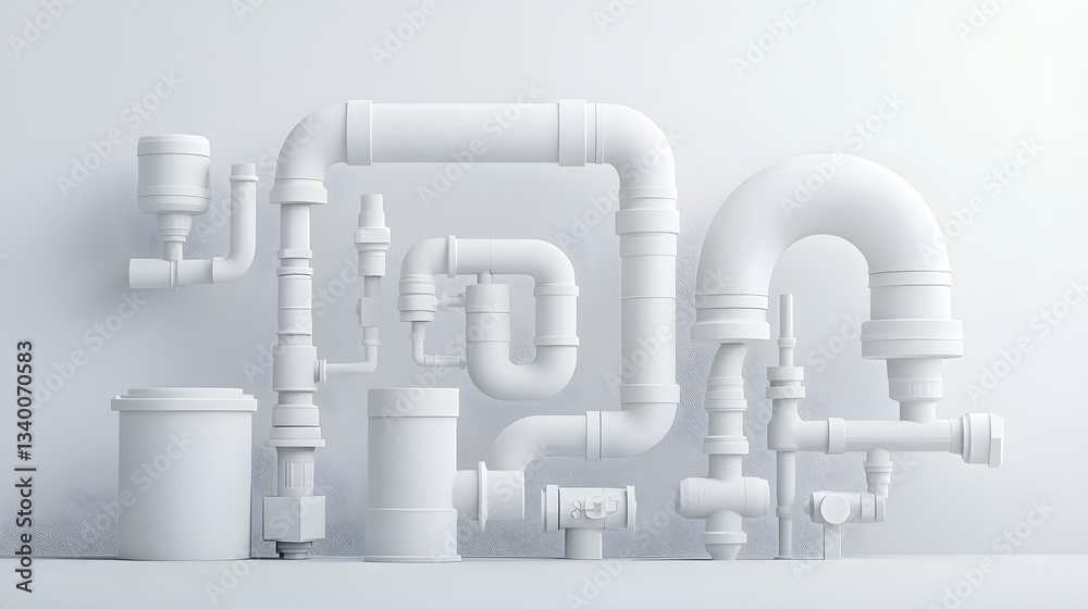 Poster an arrangement of various plumbing pipes connectors and fittings on a clean minimalist white backgro