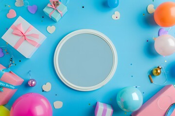 Pastel Party Decorations Flat Lay with Balloons and Gifts on Blue