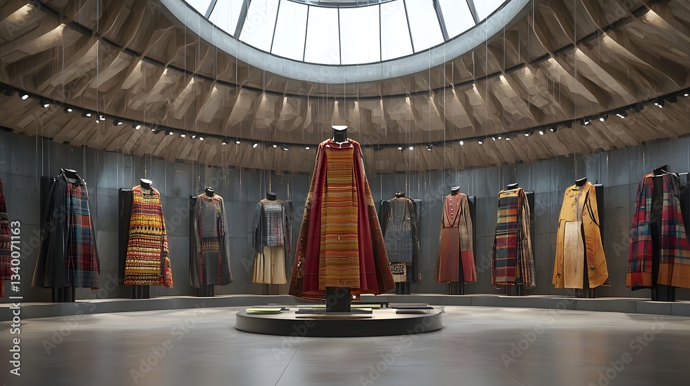 Poster an avant garde fashion exhibition featuring a dramatic minimalist display of intricate suspended gar