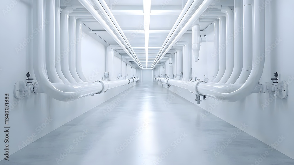 Aufkleber An impressively large minimalist white corridor with a symmetrical system of pipes and conduits running along the walls and ceiling creating a futuristic and utilitarian aesthetic