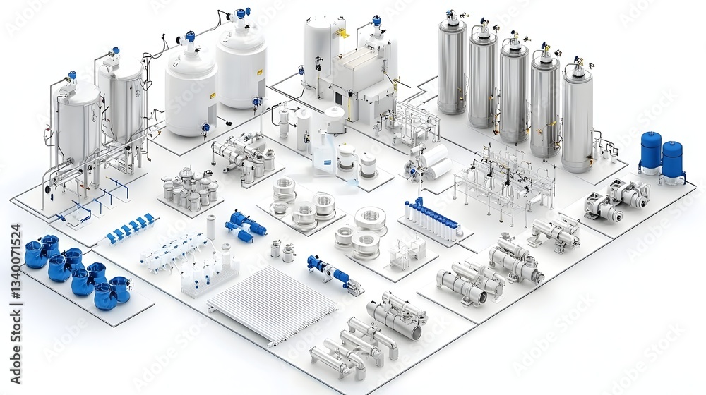 Poster An intricate and well organized modular pipe system with various interconnected components valves and tanks displayed on a clean white background