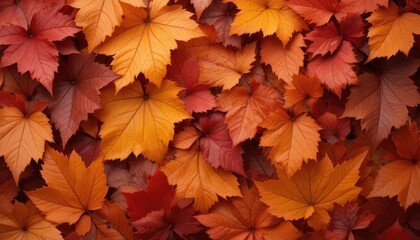 Fototapeta premium Autumn Leaves in Overlapping Patterns, Nature Scene, Fall Colors, Vibrant Environment, Close-Up Perspective