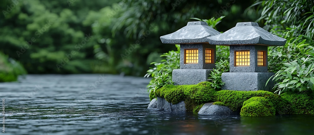 Wall mural way of life tradition philosophy concept, serene stone lanterns by a tranquil river, surrounded by l