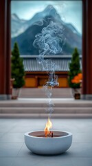 Way of life tradition philosophy concept, A serene scene featuring a small flame and smoke rising from a bowl, set against a backdrop of mountains and traditional architecture.