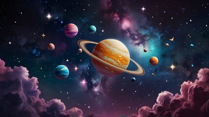 Naklejka premium A dreamy galaxy background with floating kawaii-style planets and stars