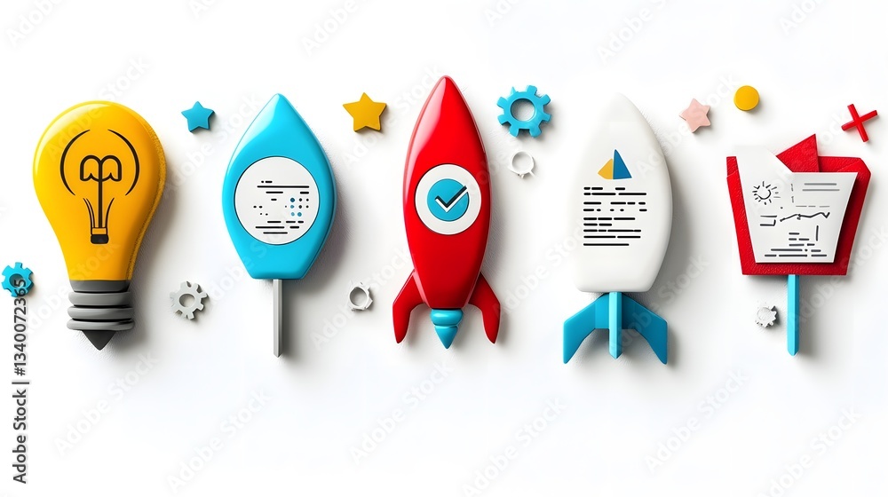 Aufkleber Arrangement of various startup related icons including a rocket lightbulb and business plan symbolizing the key elements of entrepreneurship and business development