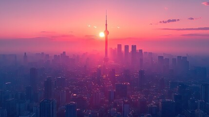 Fototapeta premium City skyline at sunrise, hazy atmosphere