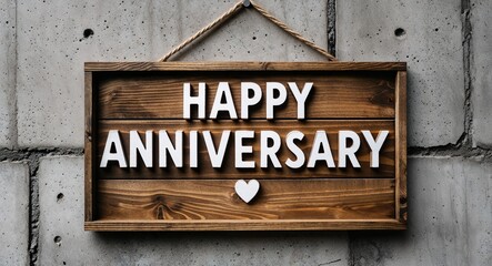 happy anniversary lettering on wooden sign board hanging on concrete wall background