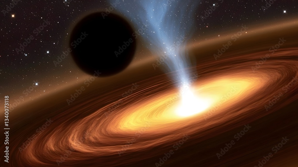 Poster captivating image depicting a massive black hole at the center of a swirling galaxy warping the fabr