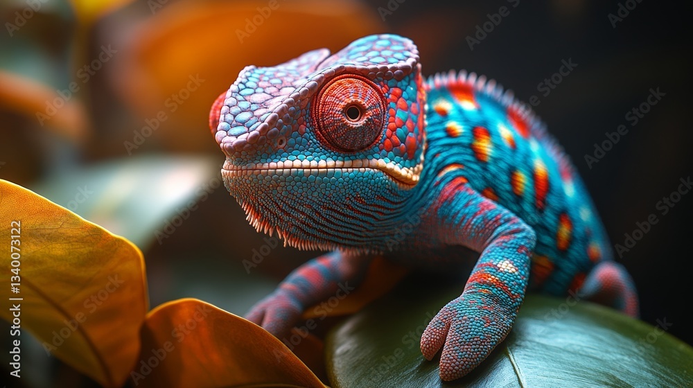 Poster colorful chameleon with vibrant patterns on leaves, nature macro. wildlife art concept