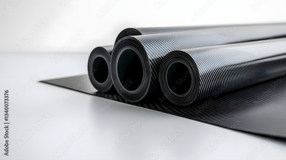 Poster Close up image showcasing the layered textured structure of carbon fiber composite tubes with a reflective glossy finish against a clean minimalist white background