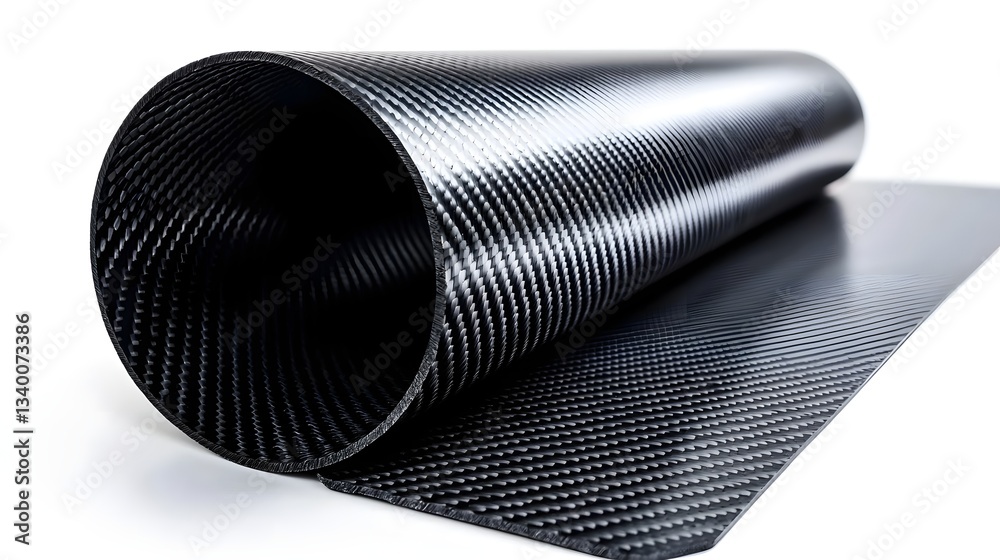 Poster close up of a black carbon fiber composite material with shiny reflective highlights against a clean